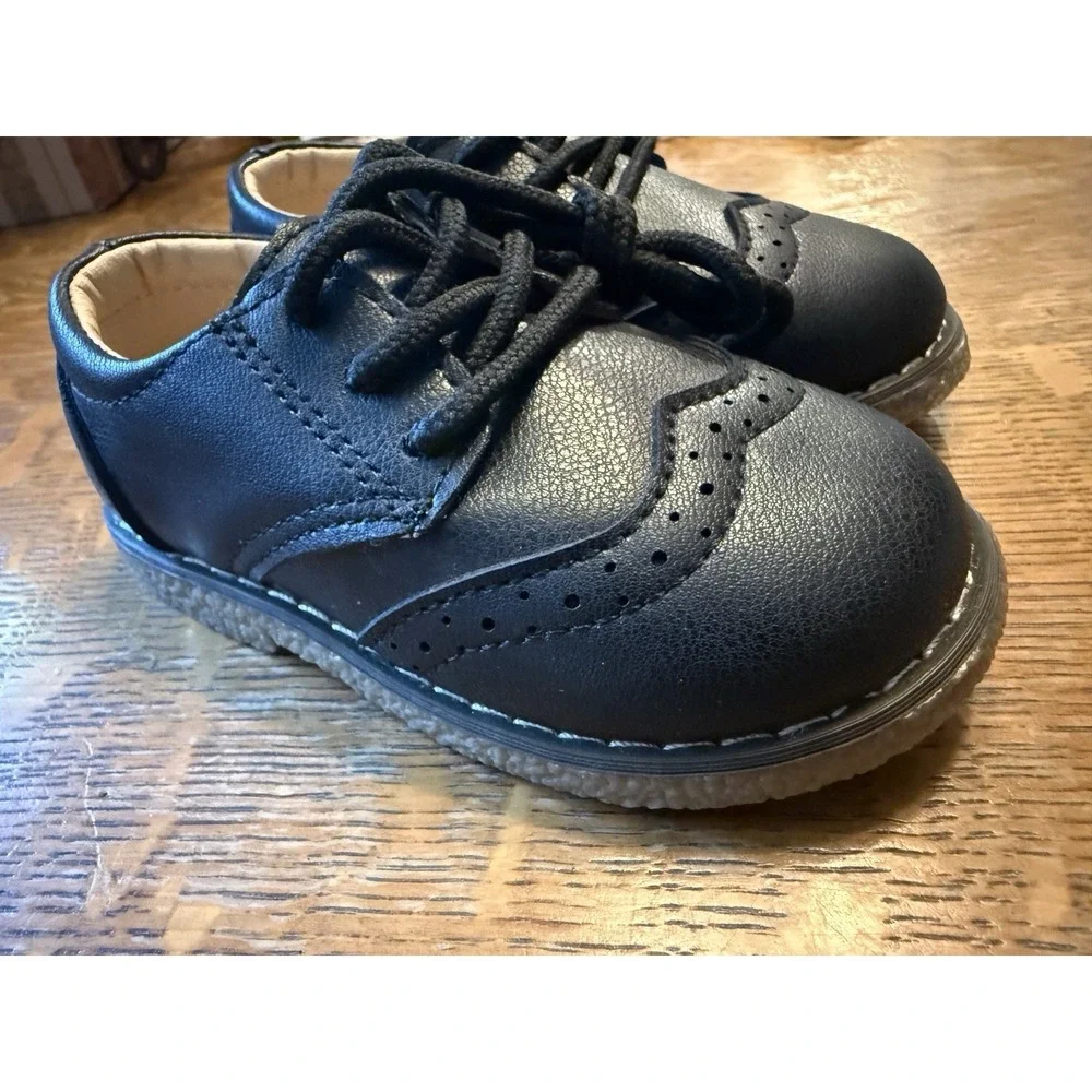 Meckior‎ Toddler Baby Boys PU Leather Black Loafers Lace Up Excellent Sz 6
